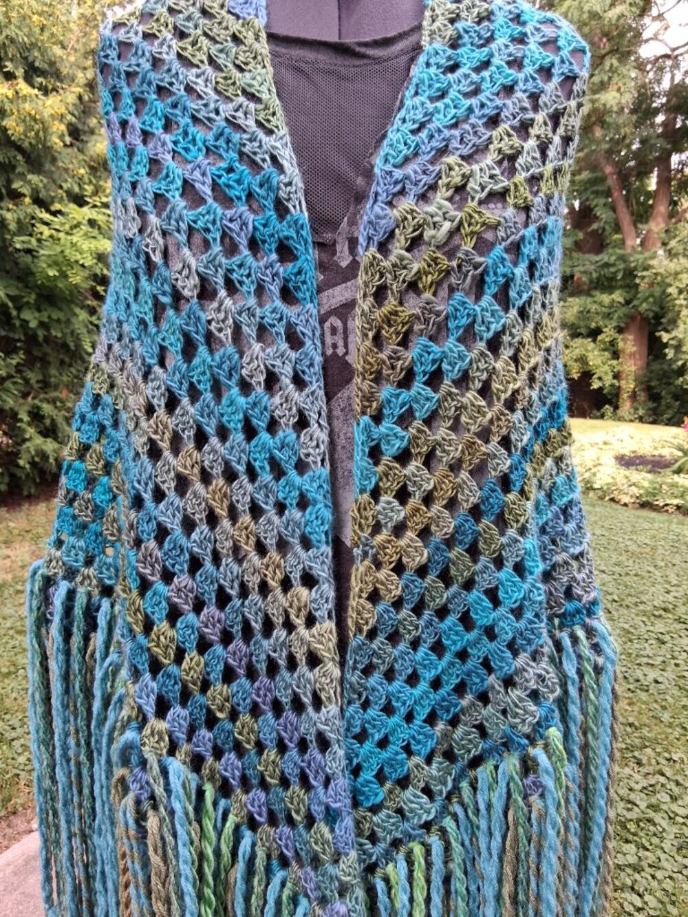 Boho Turquoise Blue and Green Full Thick Fringe Shawl Shrug - Picture 13 of 14